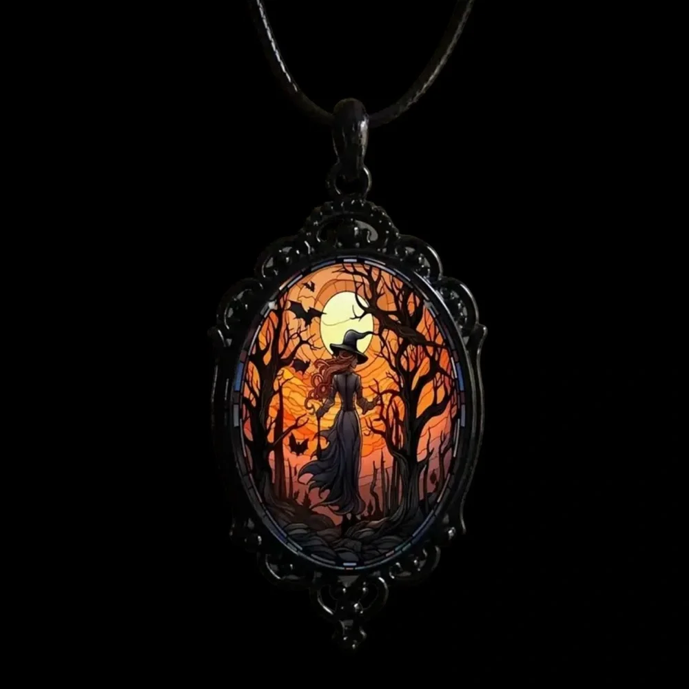 Retro Style Bat Witch Pendant Cameo Black Pendant  Necklace Gothic Glass Pendant
